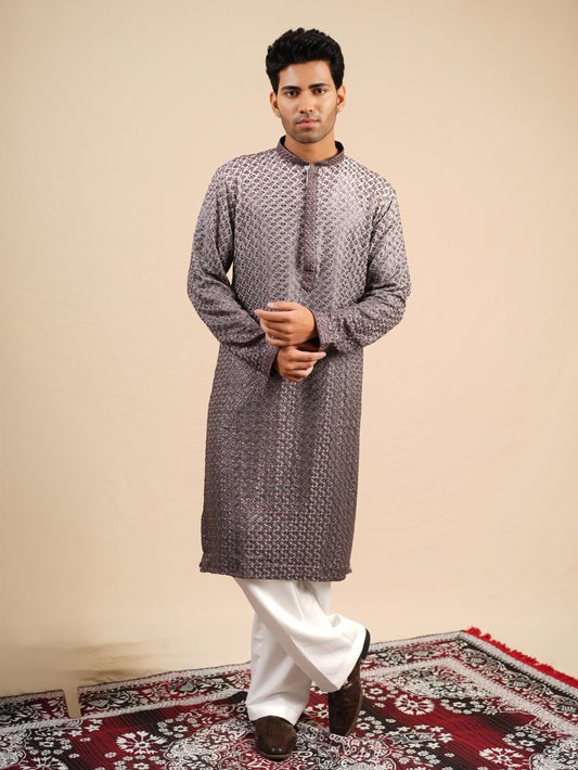 Men's Grey Ombre Rayon Kurta with Sequins & Thread Work Embroidery Set