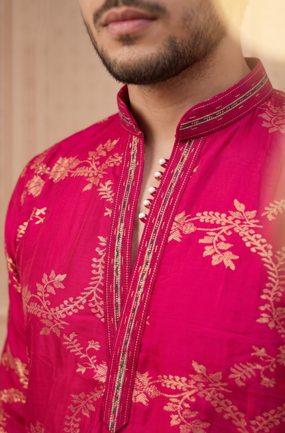 Pink Jacquard Silk Short Kurta Set with Multicolour Embroidery & Bead Work