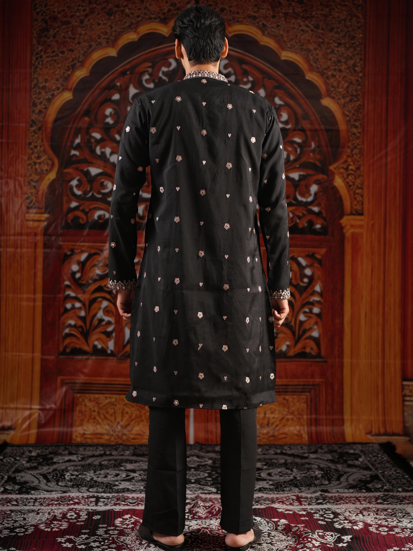 Men’s Black Jacquard Kurta Set with Dupatta