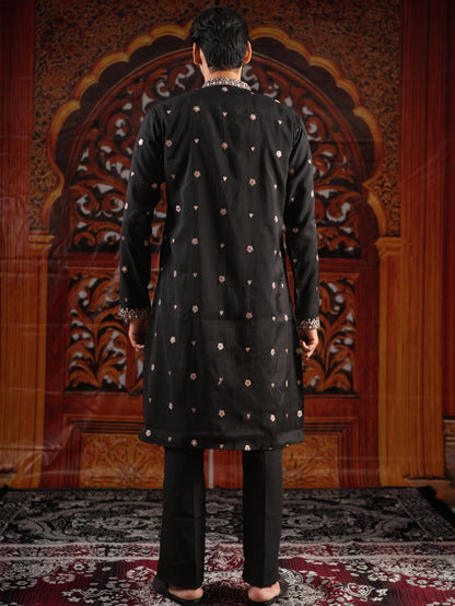 Men’s Black Jacquard Kurta Set with Dupatta