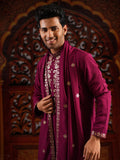 Men's Wine Georgette Foil Work Kurta Set with Dupatta