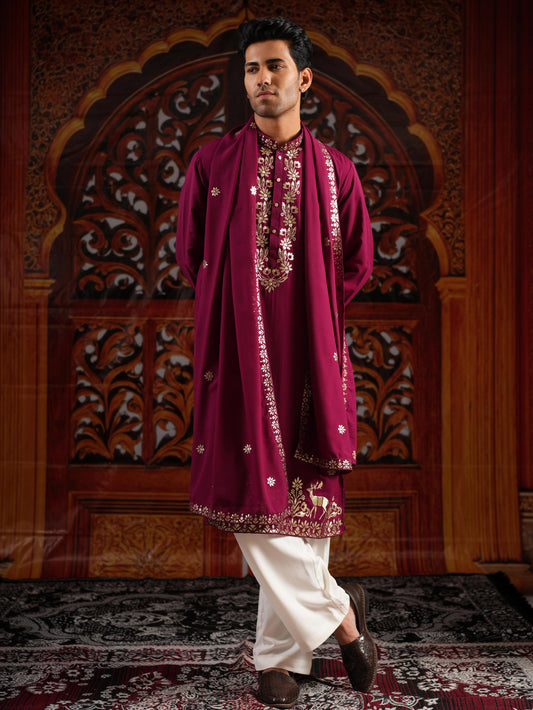 Men's Wine Georgette Foil Work Kurta Set with Dupatta