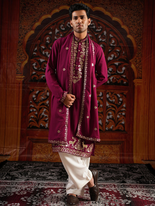 Men's Wine Georgette Foil Work Kurta Set with Dupatta