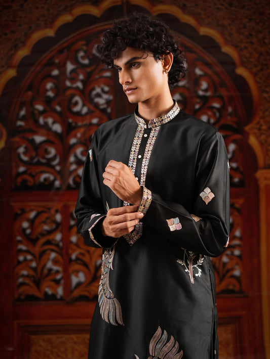Men's Black Satin Silk Kurta with Golden Zari & Multicolour Embroidery Set