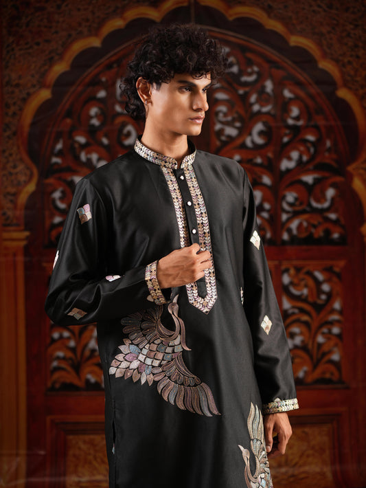 Men's Black Satin Silk Kurta with Golden Zari & Multicolour Embroidery Set