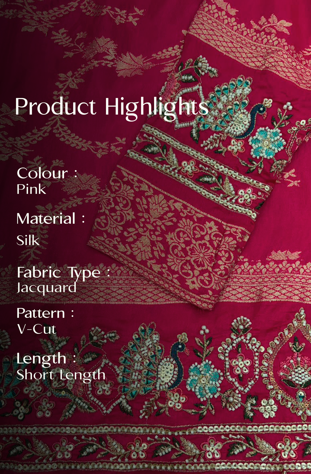 Pink Jacquard Silk Short Kurta Set with Multicolour Embroidery & Bead Work