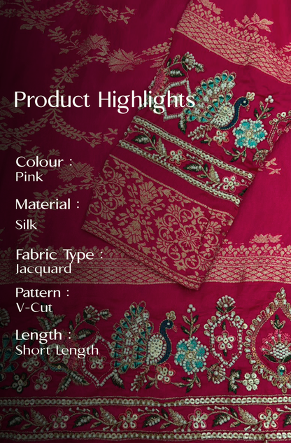 Pink Jacquard Silk Short Kurta Set with Multicolour Embroidery & Bead Work
