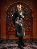 Men's Black Satin Silk Kurta with Golden Zari & Multicolour Embroidery Set