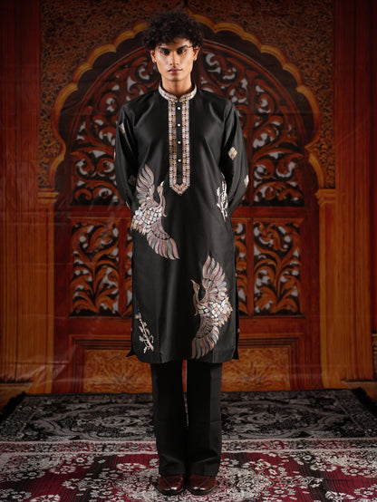 Men's Black Satin Silk Kurta with Golden Zari & Multicolour Embroidery Set