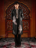 Men's Black Satin Silk Kurta with Golden Zari & Multicolour Embroidery Set