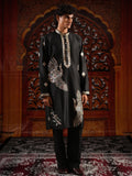 Men's Black Satin Silk Kurta with Golden Zari & Multicolour Embroidery Set