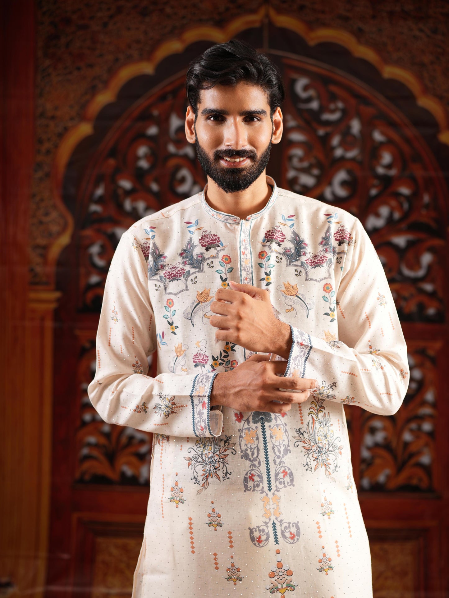 Men’s Off-White Linen Blend Kurta Set with Digital Print & Swarovski Work
