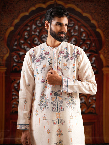 Men’s Off-White Linen Blend Kurta Set with Digital Print & Swarovski Work