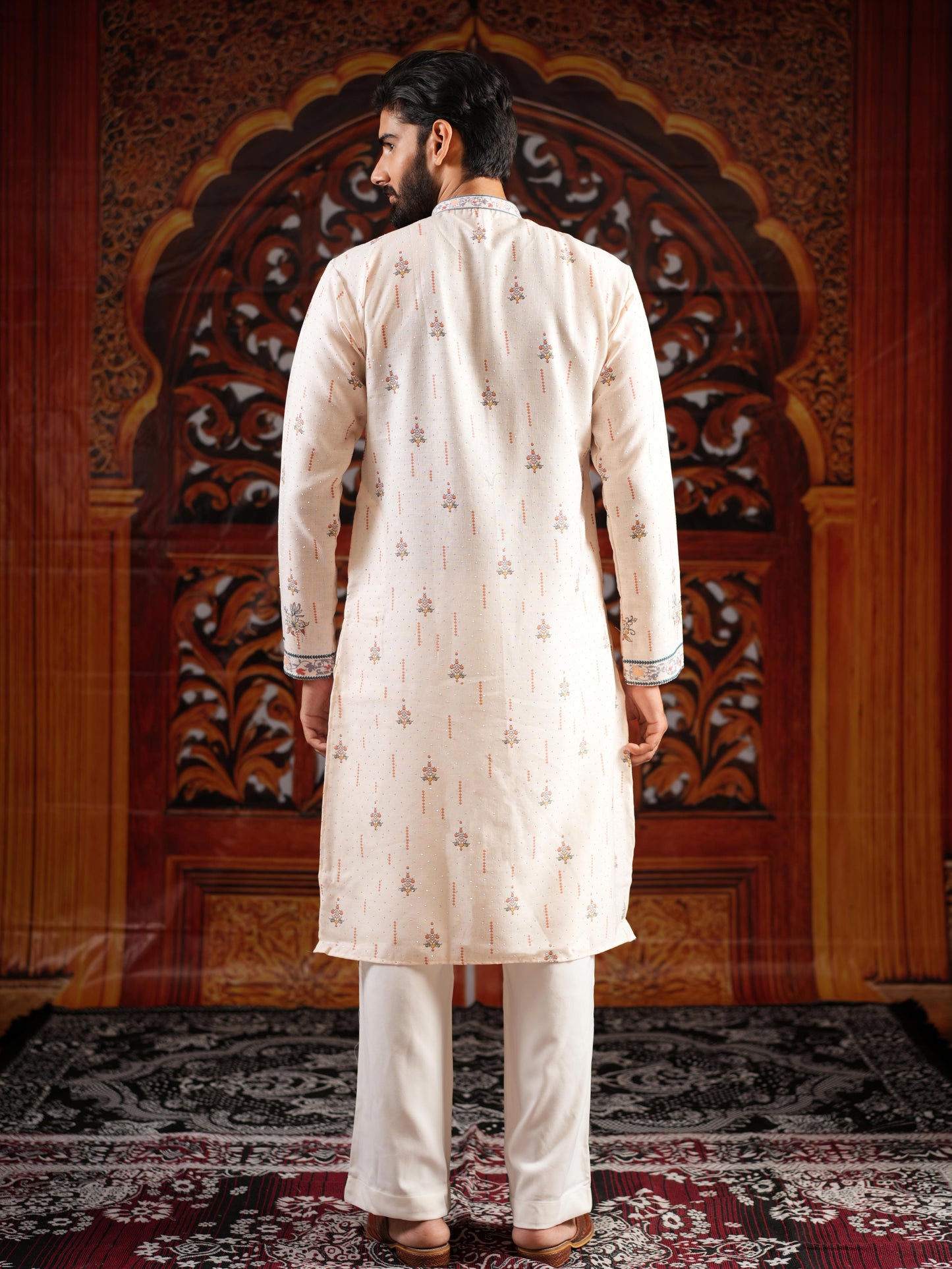 Men’s Off-White Linen Blend Kurta Set with Digital Print & Swarovski Work