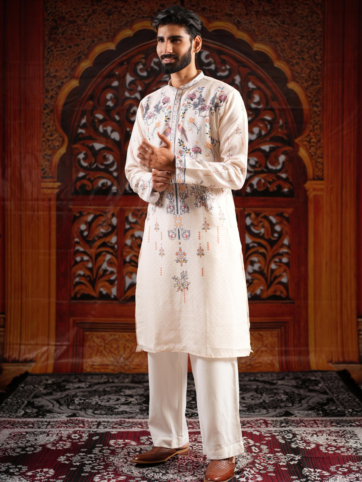 Men’s Off-White Linen Blend Kurta Set with Digital Print & Swarovski Work