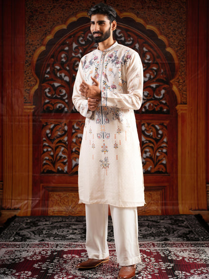 Men’s Off-White Linen Blend Kurta Set with Digital Print & Swarovski Work