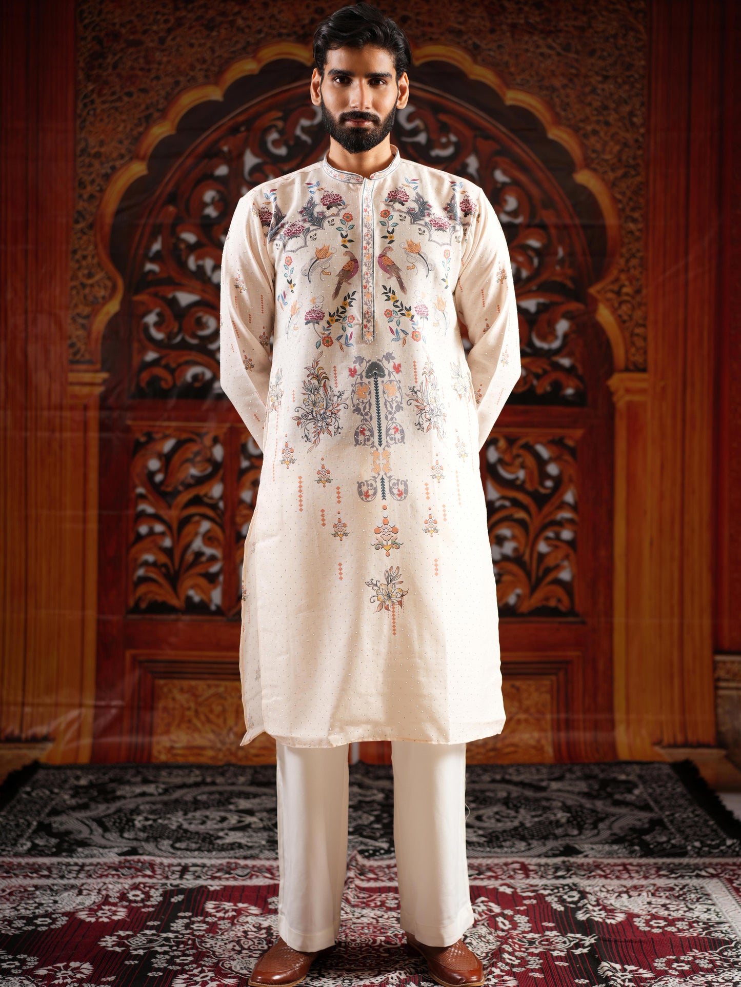 Men’s Off-White Linen Blend Kurta Set with Digital Print & Swarovski Work