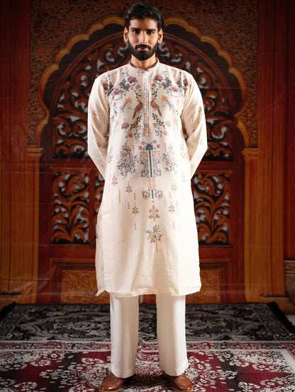 Men’s Off-White Linen Blend Kurta Set with Digital Print & Swarovski Work