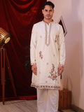 Men's Off-White Silk Kurta Set with Floral Threadwork Embroidery