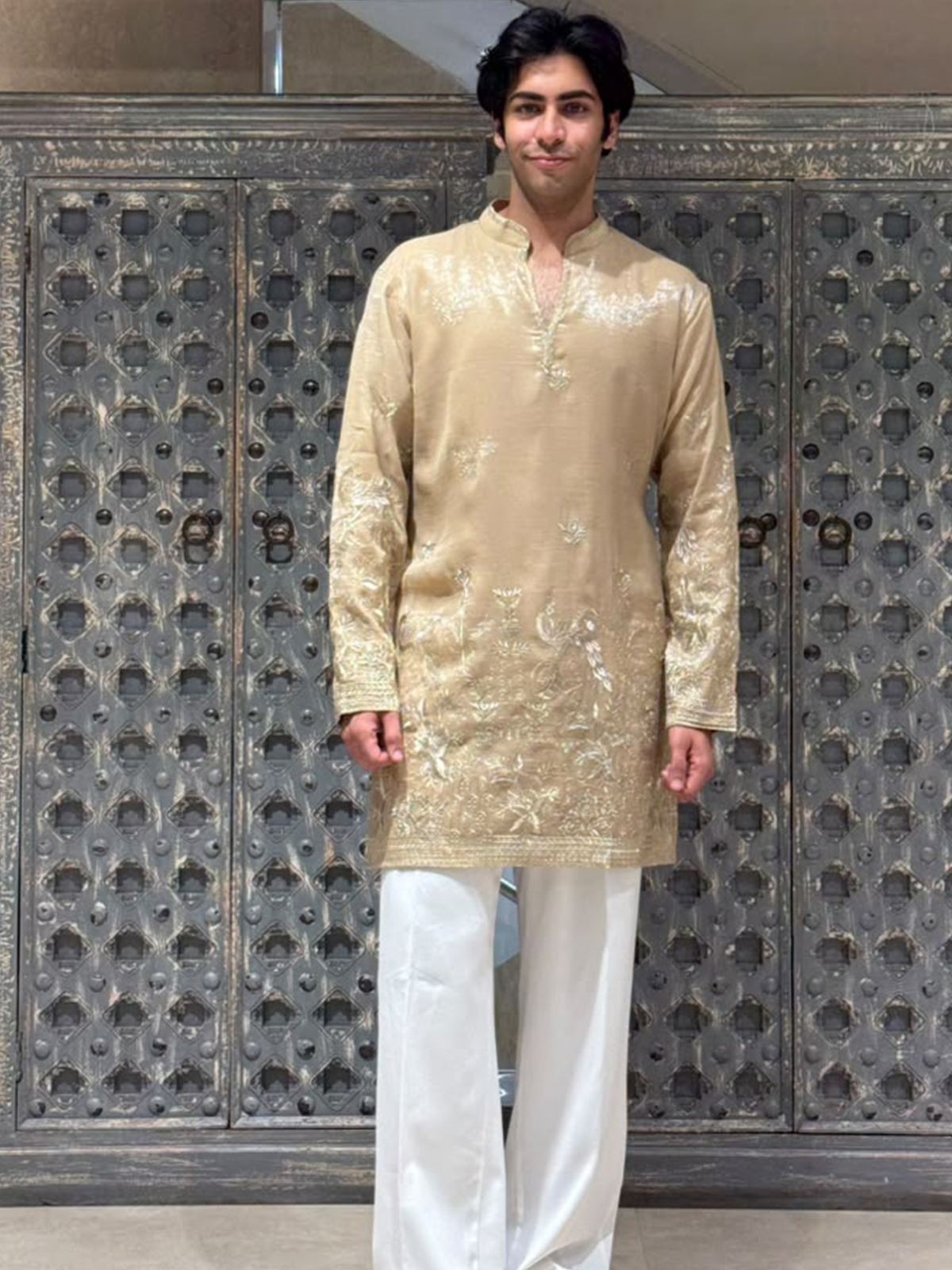 Beige Shimmer Organza Short Kurta Set with Jari Embroidery