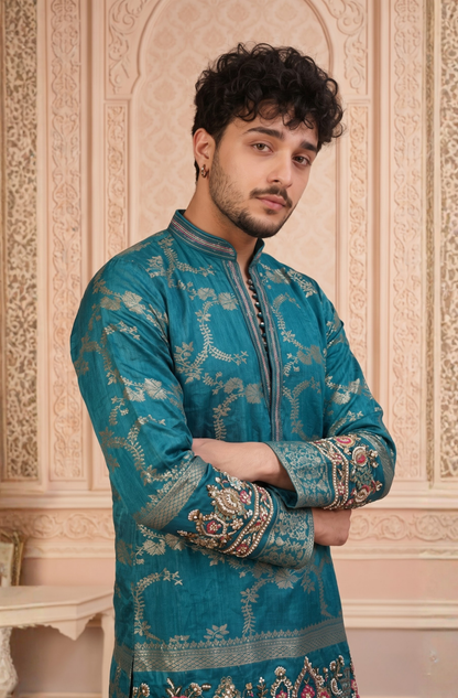 Blue Jacquard Silk Short Kurta Set with Multicolour Embroidery & Bead Work