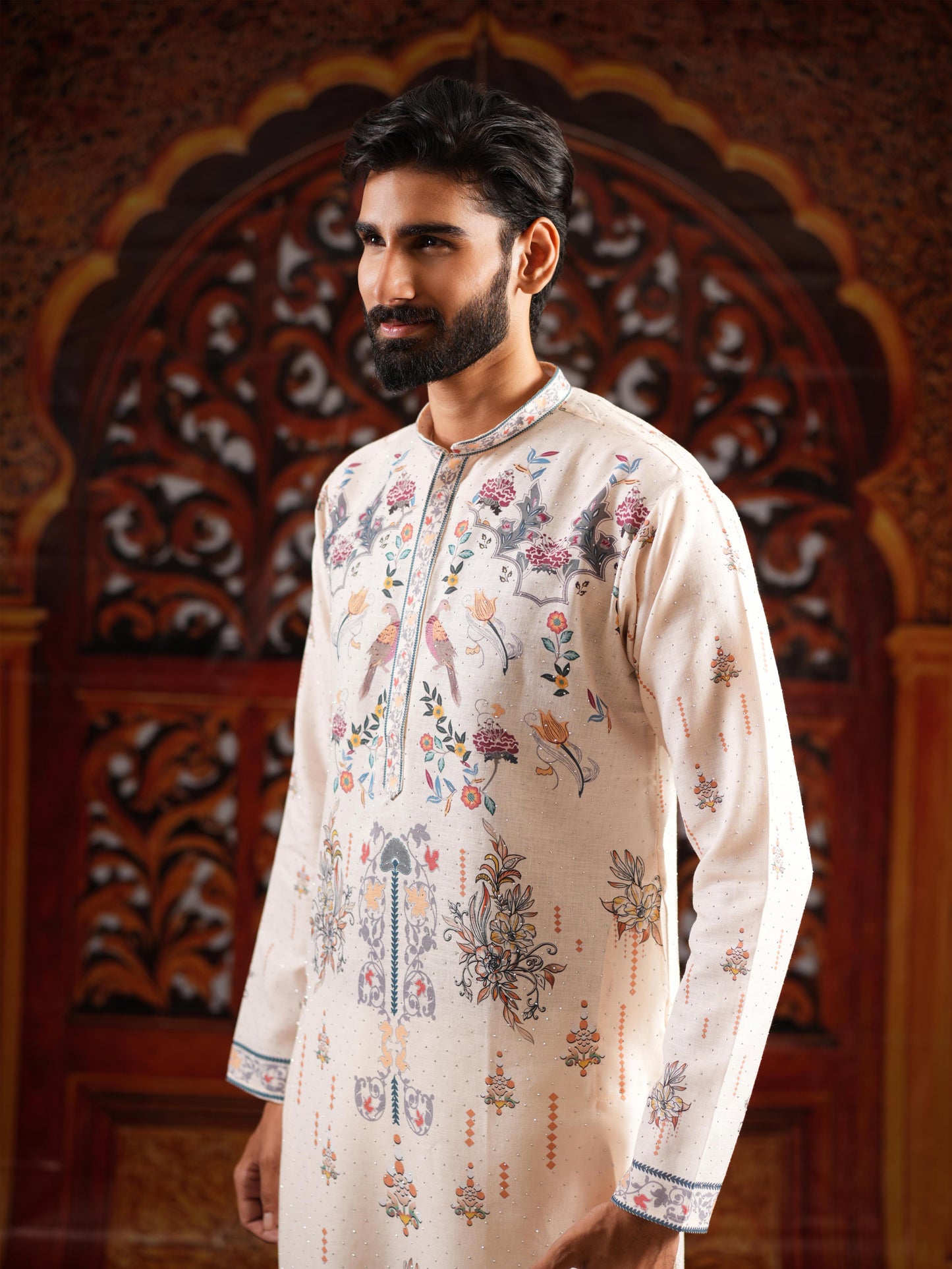 Men’s Off-White Linen Blend Kurta Set with Digital Print & Swarovski Work