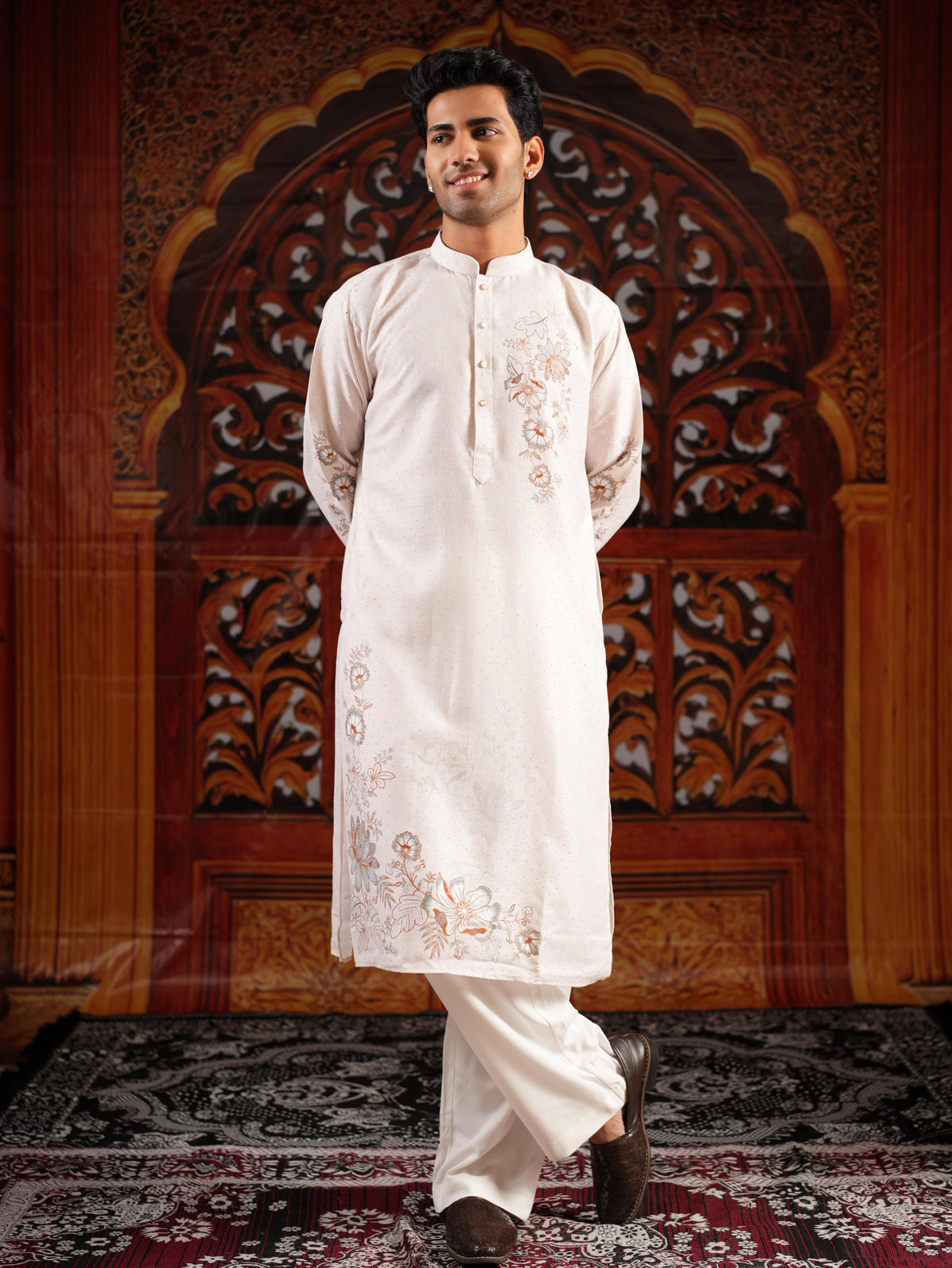 Men’s Off-White Linen Blend Kurta Set with Digital Print & Swarovski Work