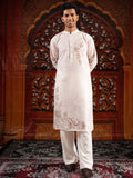 Men’s Off-White Linen Blend Kurta Set with Digital Print & Swarovski Work