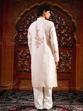 Men’s Off-White Linen Blend Kurta Set with Digital Print & Swarovski Work