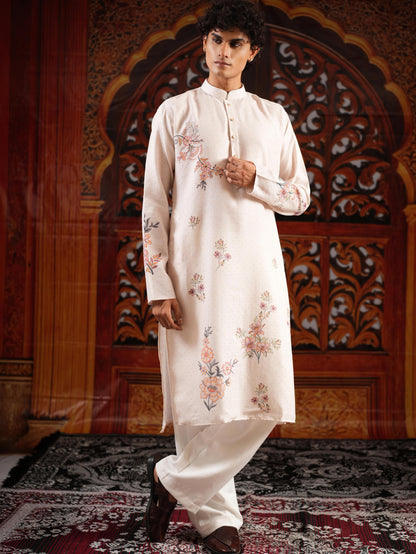 Men’s Off-White Linen Blend Kurta Set with Digital Print & Swarovski Work