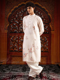Men’s Off-White Linen Blend Kurta Set with Digital Print & Swarovski Work