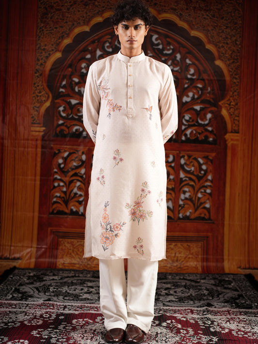 Men’s Off-White Linen Blend Kurta Set with Digital Print & Swarovski Work