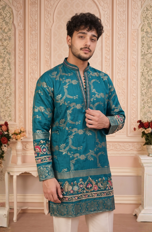 Blue Jacquard Silk Short Kurta Set with Multicolour Embroidery & Bead Work