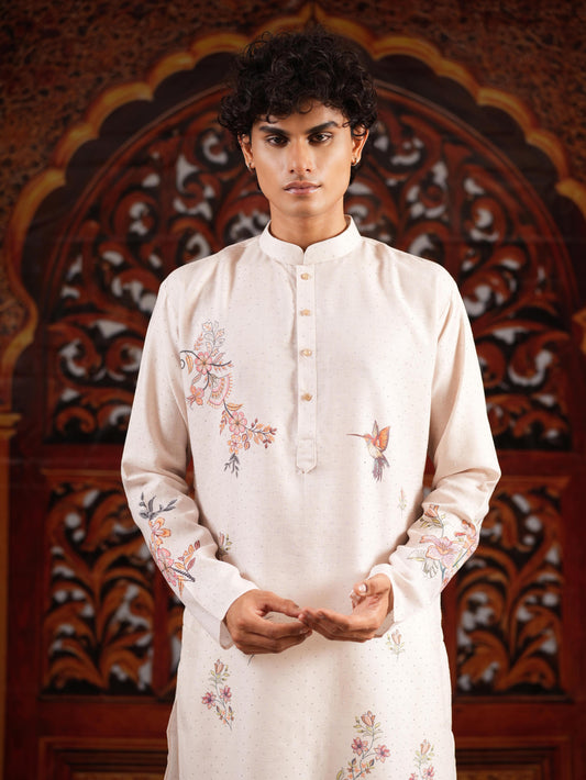 Men’s Off-White Linen Blend Kurta Set with Digital Print & Swarovski Work