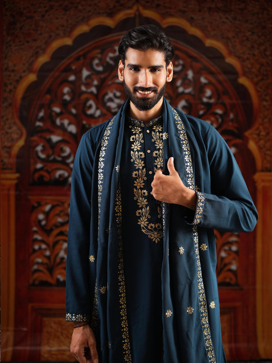 Men's Blue Georgette Foil Work Kurta Set with Dupatta