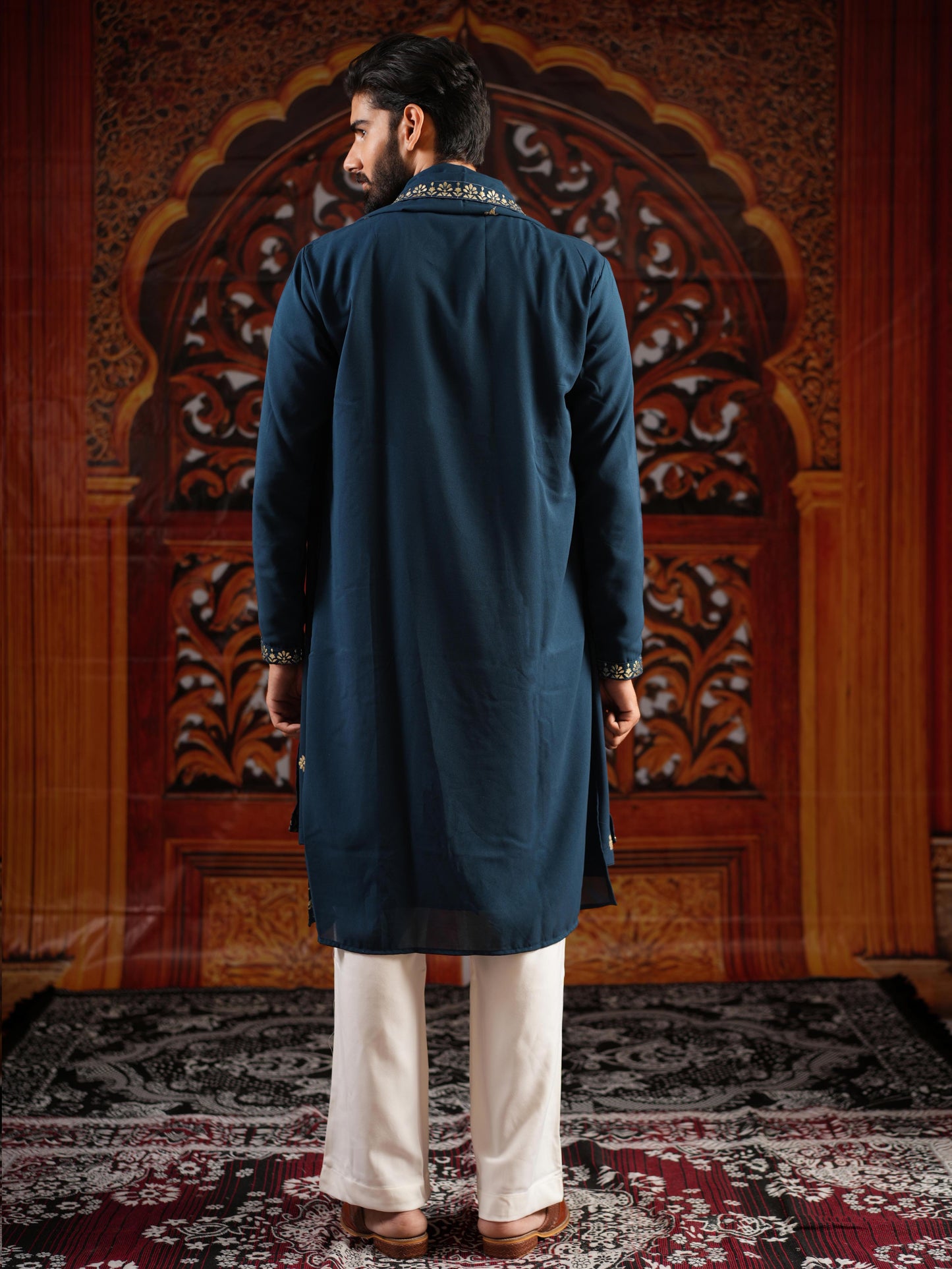 Men's Blue Georgette Foil Work Kurta Set with Dupatta