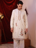 Men's Off-White Silk Kurta Set with Floral Threadwork Embroidery