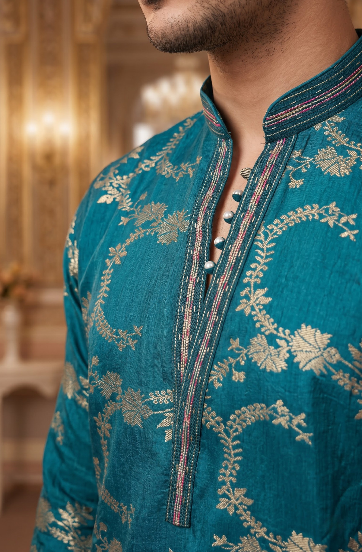 Blue Jacquard Silk Short Kurta Set with Multicolour Embroidery & Bead Work