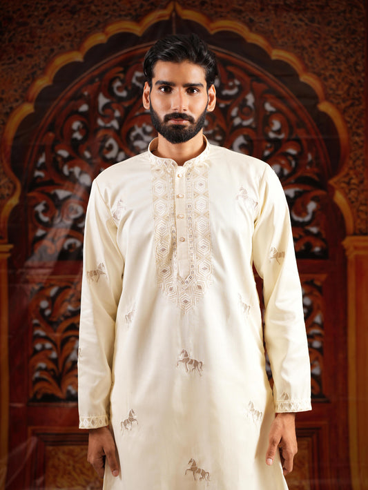 Men’s Ivory Silk Kurta Set with Golden Zari Thread Work