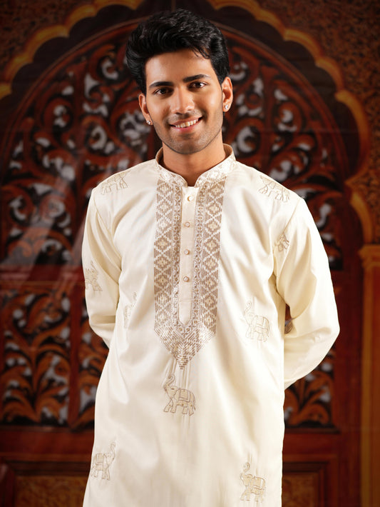Men’s Ivory Silk Kurta Set with Golden Zari Thread Work