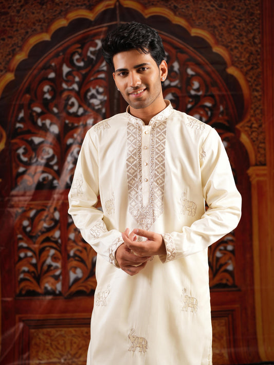 Men’s Ivory Silk Kurta Set with Golden Zari Thread Work
