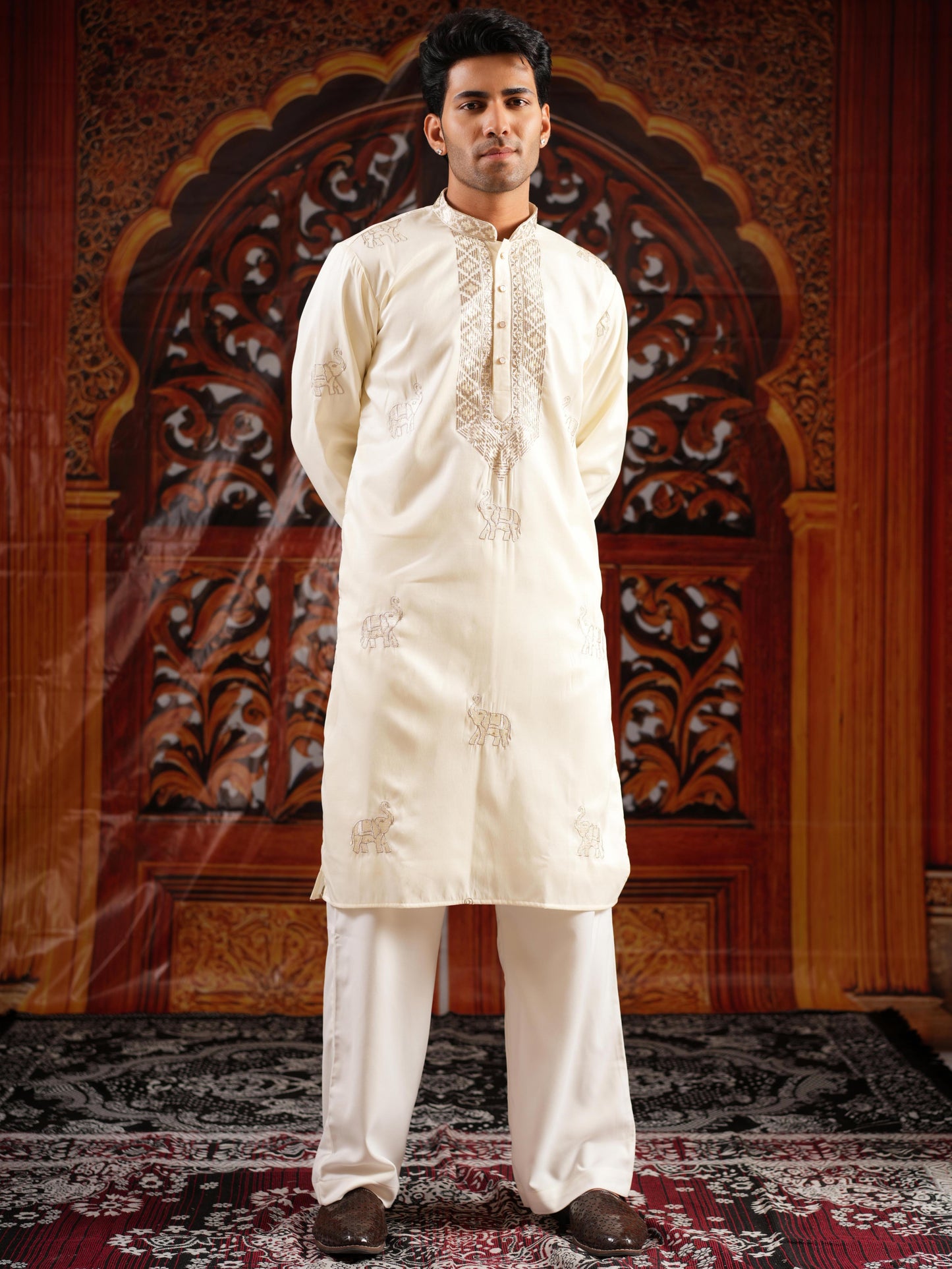 Men’s Ivory Silk Kurta Set with Golden Zari Thread Work