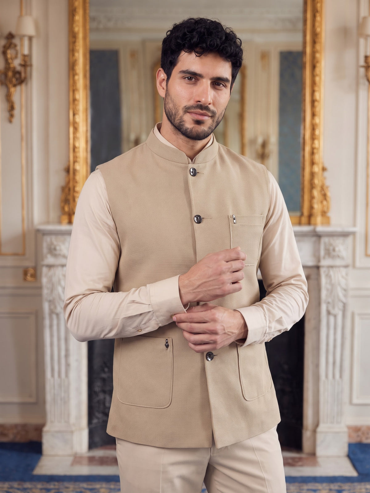 Premium Pebble Knit Bandi Jacket with Patch Pockets