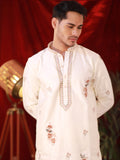 Men's Off-White Silk Kurta Set with Floral Threadwork Embroidery