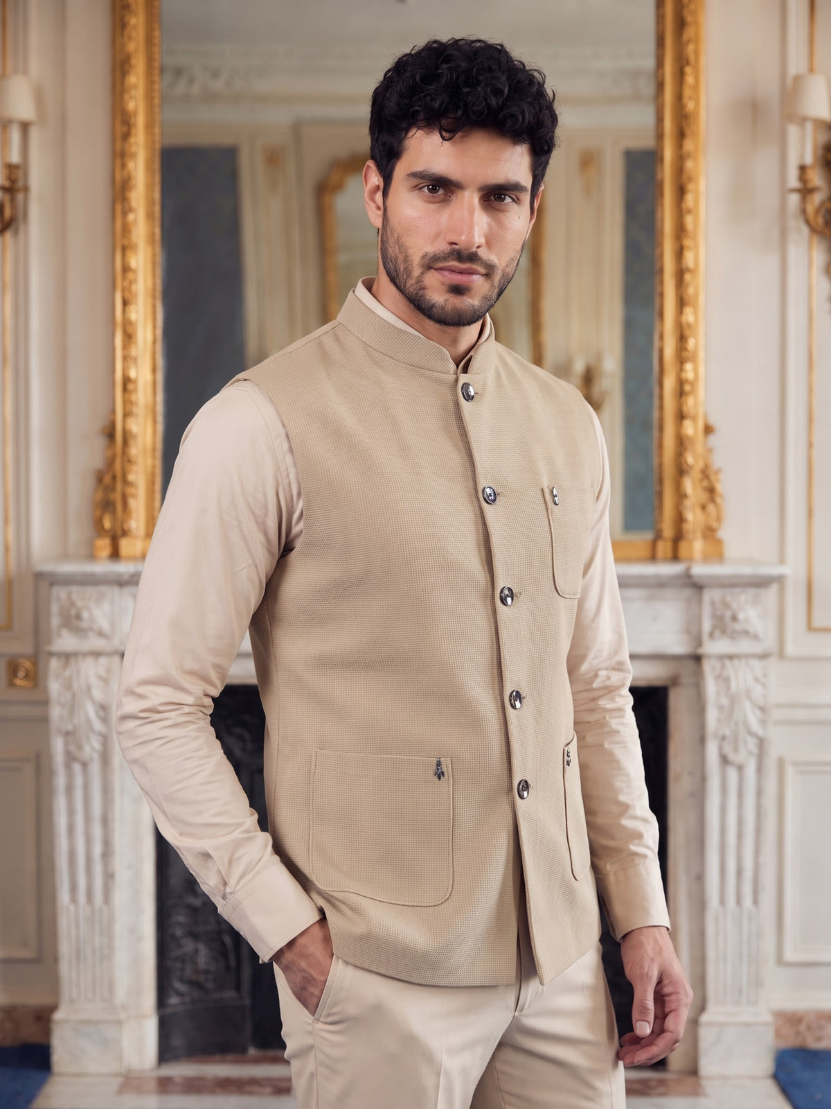 Premium Pebble Knit Bandi Jacket with Patch Pockets