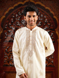 Men’s Ivory Silk Kurta Set with Golden Zari Thread Work