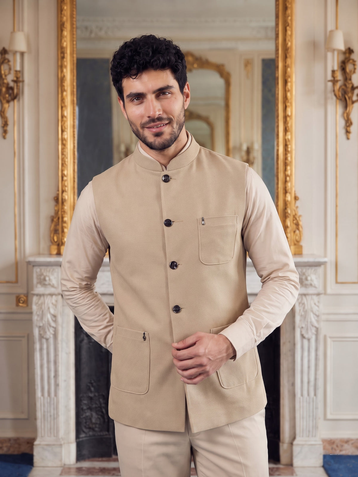 Premium Pebble Knit Bandi Jacket with Patch Pockets
