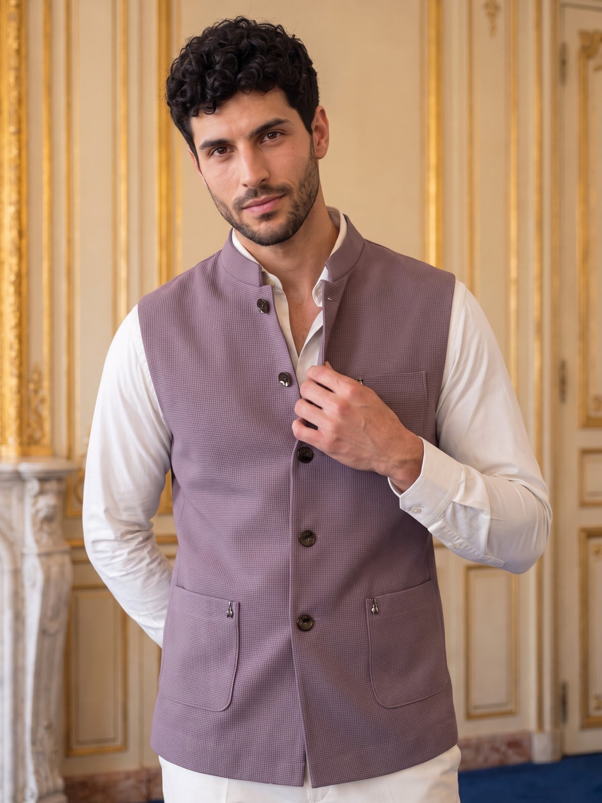 Premium Pebble Knit Bandi Jacket with Patch Pockets