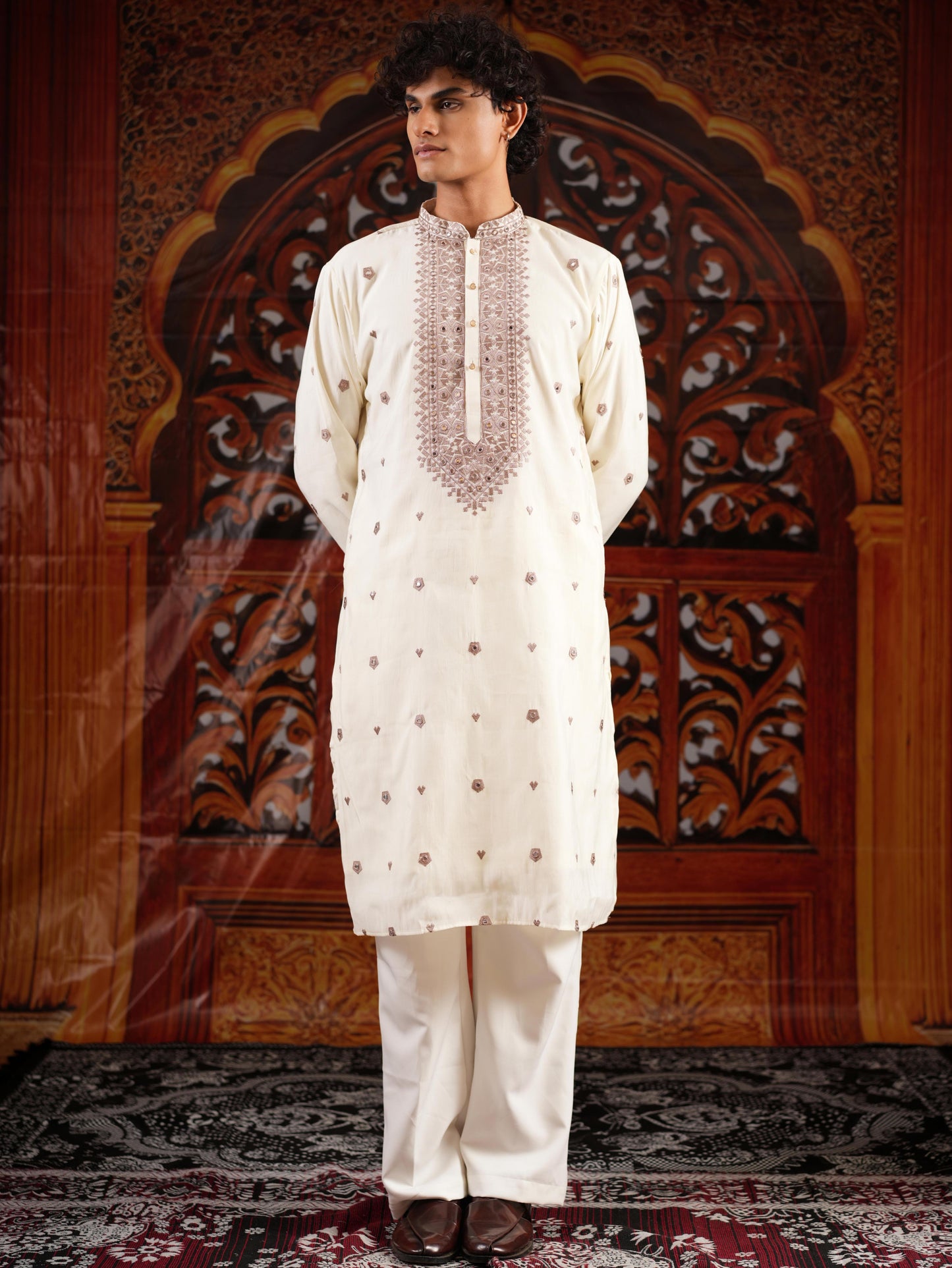 Men’s White Silk Kurta Set with Sequins & Mirror Work Embroidery