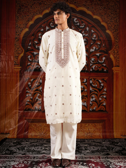 Men’s White Silk Kurta Set with Sequins & Mirror Work Embroidery